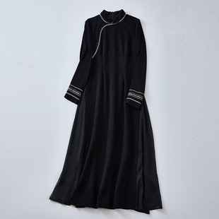 新中式秋冬季年轻款黑色奥黛旗袍连衣裙汉服茶服显瘦禅意加厚长裙