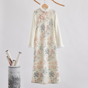 秋冬季女中式奥黛旗袍文艺民族风立领盘扣加厚连衣裙复古禅意茶服