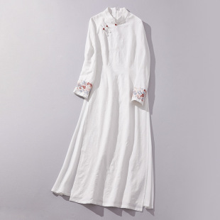 2025年秋冬季女白色中国风奥黛旗袍裙汉服高腰显瘦长裙棉麻连衣裙