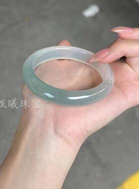 天然半山半水玛瑙玉髓冰透手镯渐变翡翠色镯子正圈玉镯送女友礼物