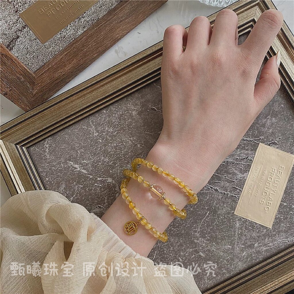 【原创】天然金发晶黄水晶三圈手链女招财纳福钛晶多圈本命年幸运