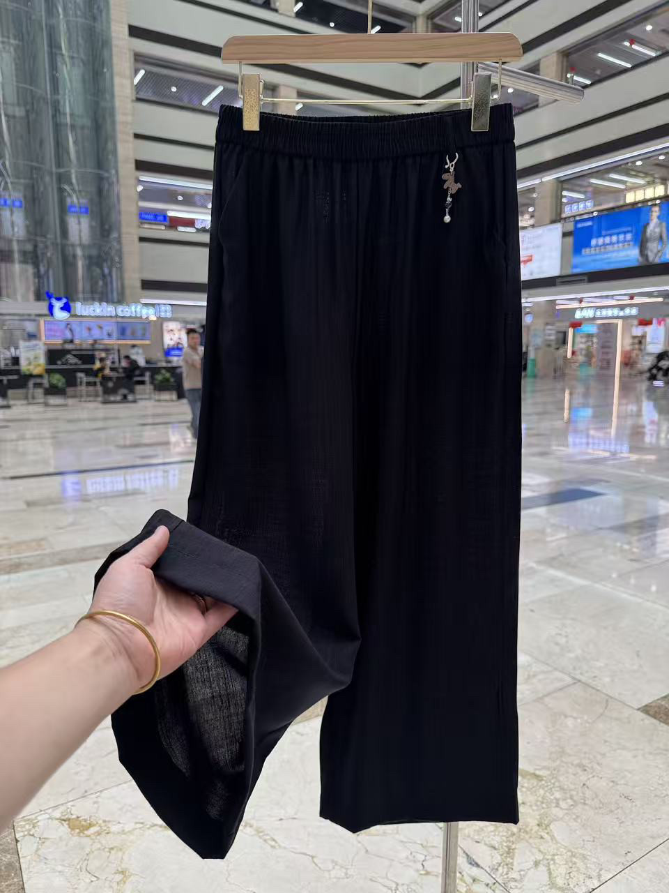 松紧高腰直筒休闲阔腿裤