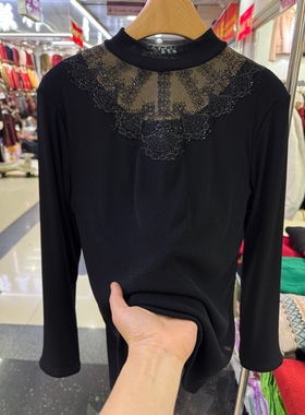 中老年黑色加绒网纱打底衫女冬季内搭半高领蕾丝花边保暖烫钻上衣