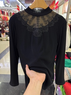 中老年黑色加绒网纱打底衫女冬季内搭半高领蕾丝花边保暖烫钻上衣