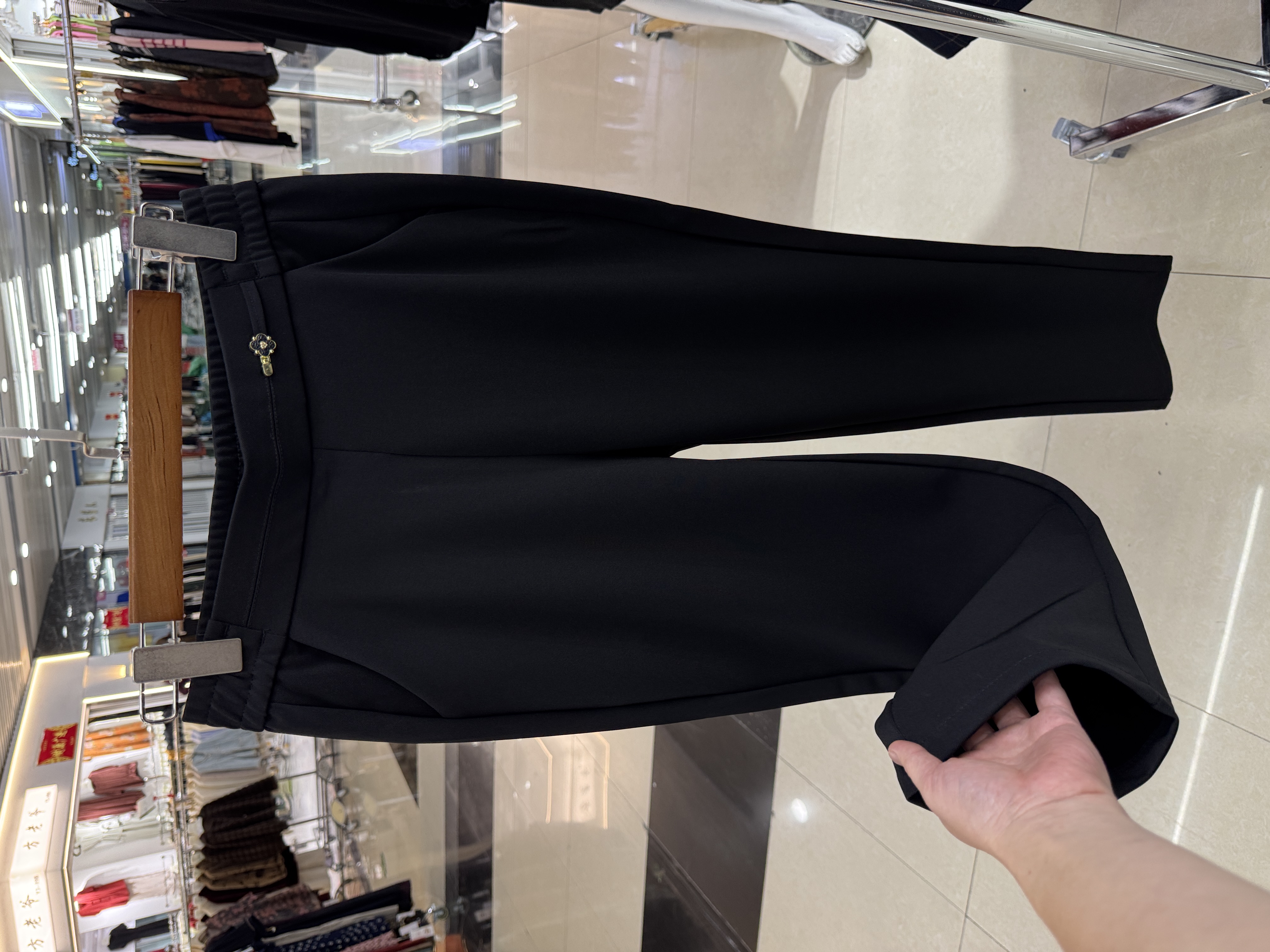 半松紧高腰黑色休闲烟管裤