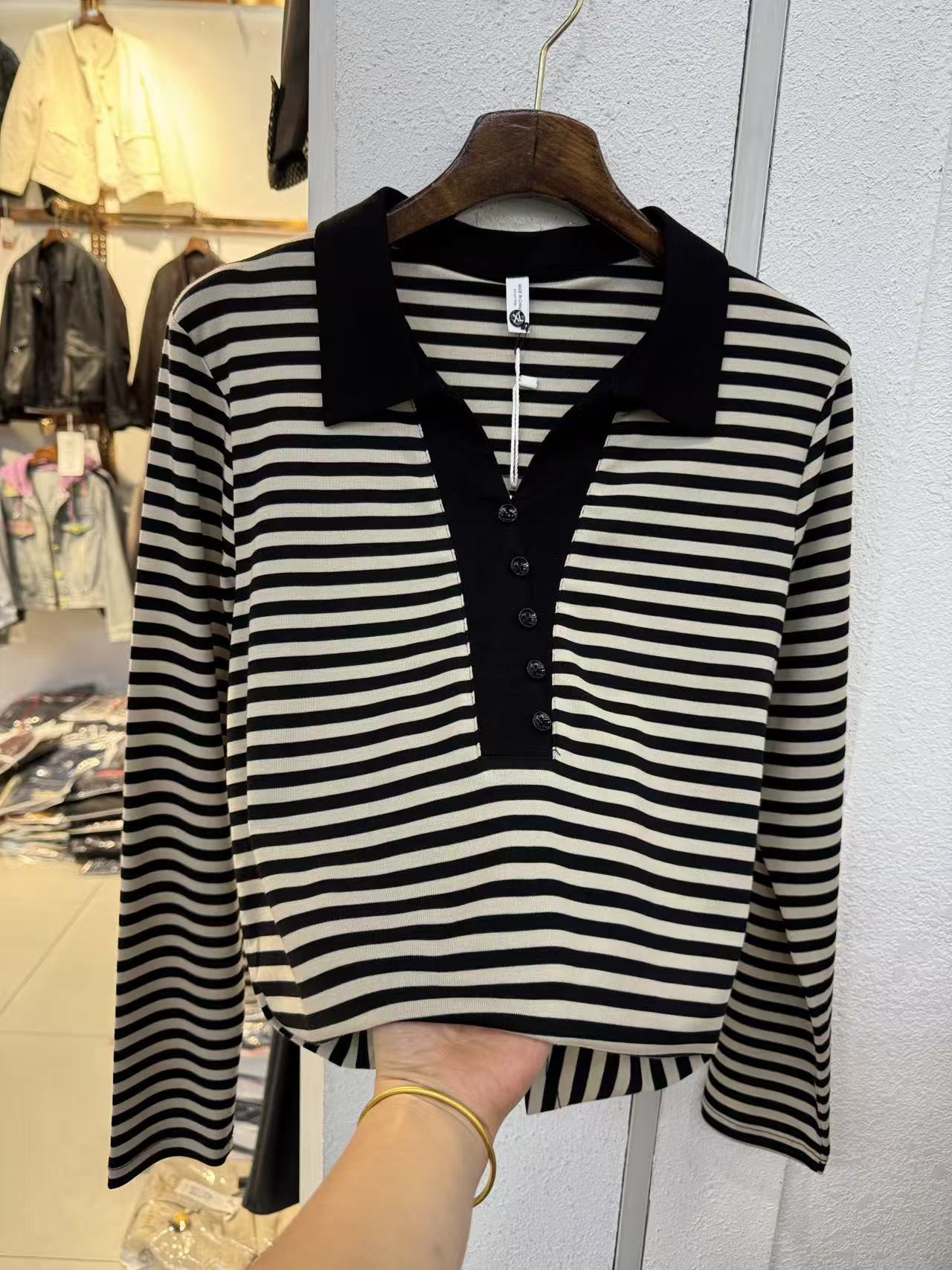 翻领条纹长袖T恤2026新款韩版中老年妈妈秋季大码上衣条纹POLO衫