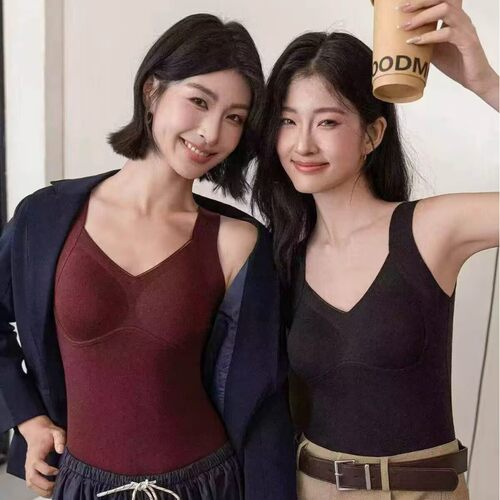 6662德绒带胸垫保暖背心女一体式免穿文胸提拉塑形磨毛打底衫上衣