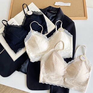 新品3519纯欲风无痕性感蕾丝提花V领固定杯聚拢镂空美背吊带裹胸