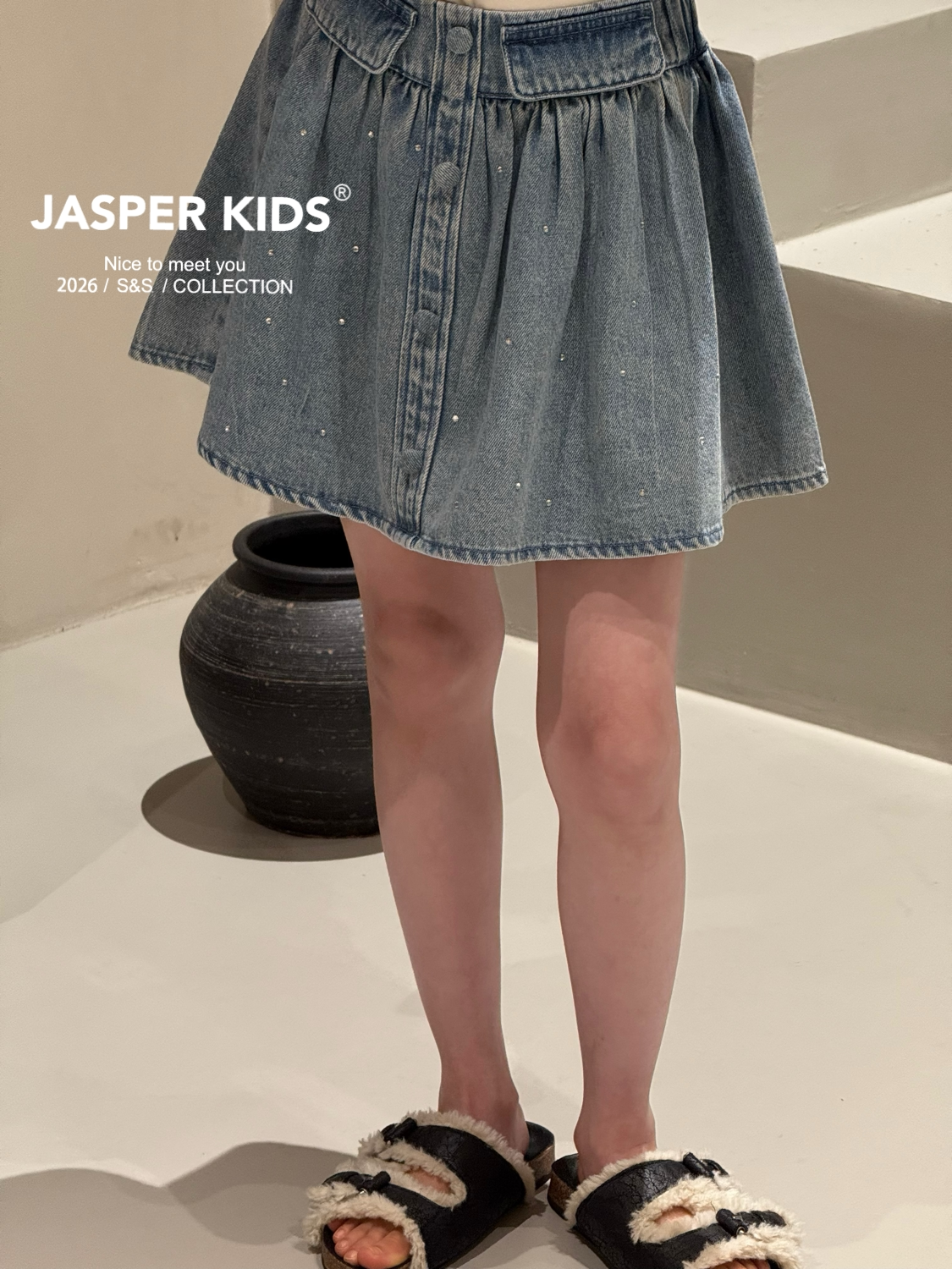 JASPER正版波拉童装2026夏女童韩版烫钻牛仔裙中大童百搭裙裤亲子