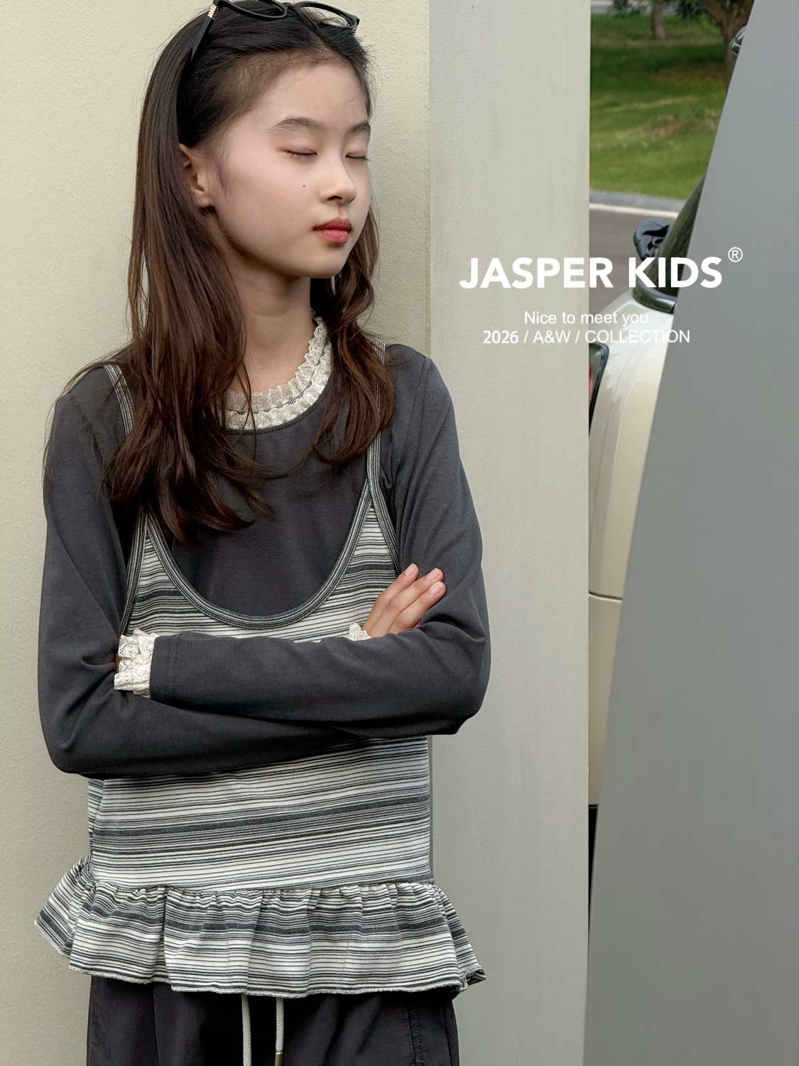 JASPER波拉童装2026秋女童韩版假两件长袖T恤中大童打底衫上衣潮