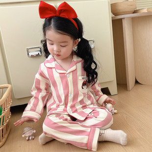 儿童套装 翻领开衫 韩系全棉男大童家居服 新款 女童睡衣春秋纯棉长袖