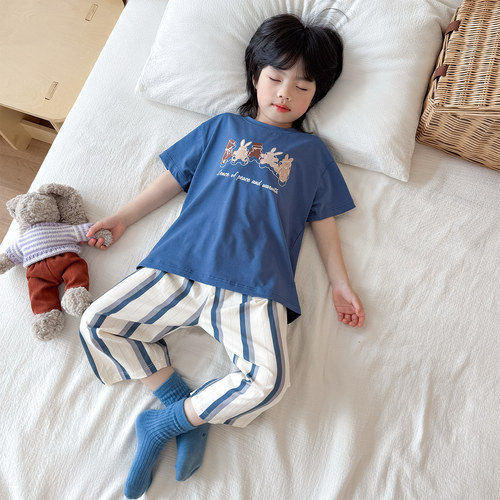 儿童睡衣男孩夏季薄款纯棉短袖七分裤透气空调衣服宝宝家居服套装