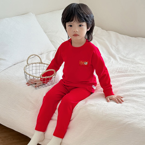 德绒男童本命年大红色秋衣秋裤新年12岁儿童保暖套装女童龙年睡衣