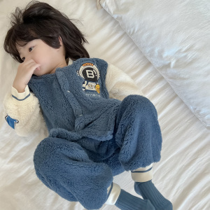 男童睡衣秋冬款中大童法兰绒棒球服加绒加厚儿童珊瑚绒新款家居服