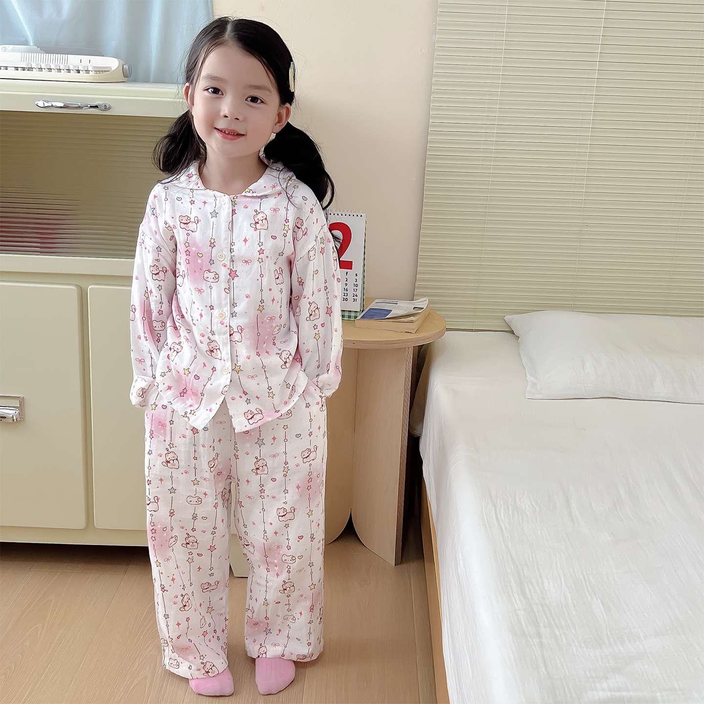 儿童睡衣A类春秋款纯棉纱布长袖长裤男童女孩开衫翻领家居服套装