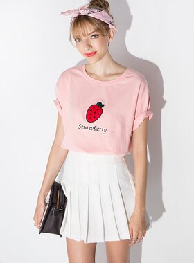 pixiemarket欧美风甜美草莓字母图案绣花时尚百搭宽松休闲T恤女潮
