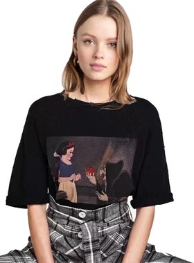 pixiemarket欧美新款白雪公主印花宽松黑色圆领百搭短袖t恤女潮