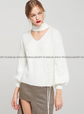 pixiemarket欧美新款时尚v领镂空灯笼袖侧系带装饰长袖针织毛衣女
