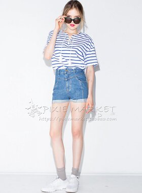 pixiemarket欧美小众甜美学院风海军条纹抽绳系带宽松短袖T恤女潮
