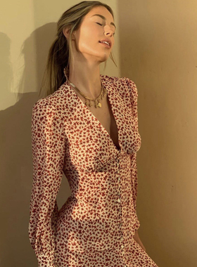 pixiemarket欧美风法式复古红色枫叶碎花前排扣收腰气质连衣裙女