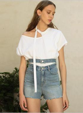 pixiemarket欧美风ins潮简约小心机露肩宽松纯棉白色短袖t恤女