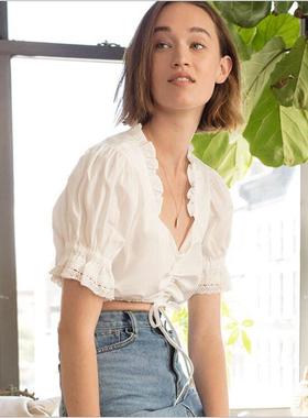 pixiemarket欧美时尚小清新娃娃衫显瘦超仙露脐漏锁骨白色衬衫