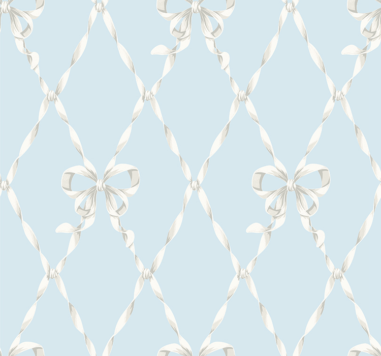 进口纯纸底简约美式蓝色蝴蝶结墙纸儿童房女孩房婚房卧室壁纸现货