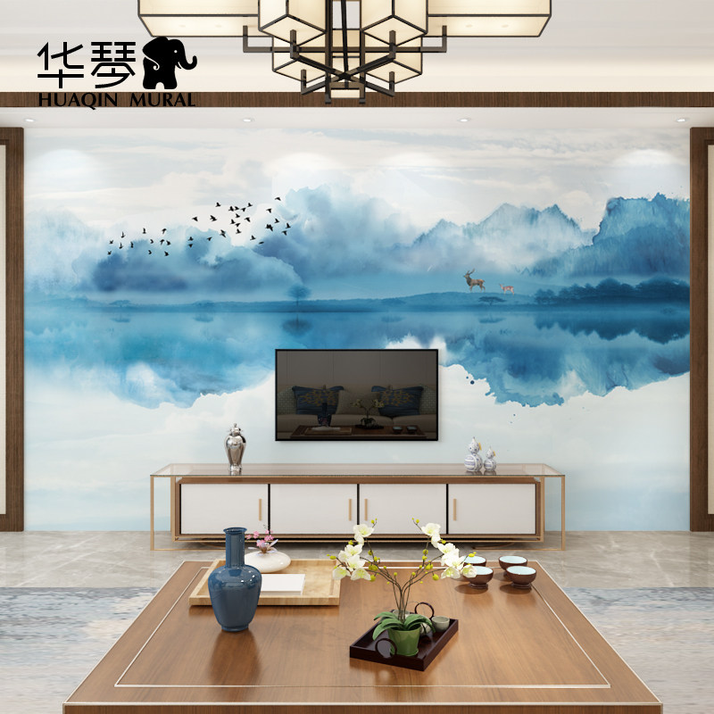 现代新古典写意山水水墨壁画定制影视墙屏风软包麋鹿湖泊墙纸壁纸,家装主材,定制壁画,淘宝优惠券,粉丝福利购,淘宝优惠卷