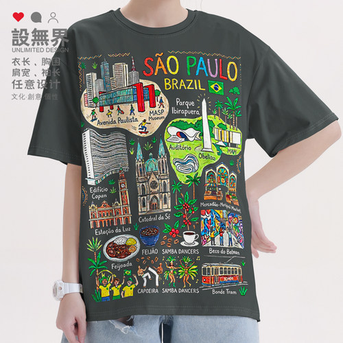 巴西圣保罗城市地标手绘图旅T恤