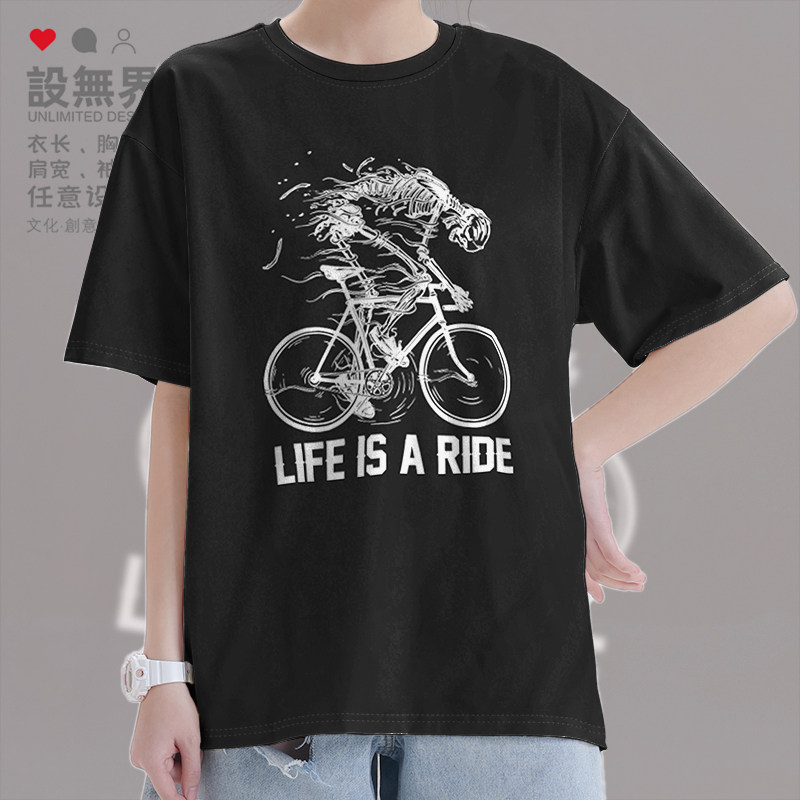 复古美式骷髅破旧自行车短袖T恤男女个性创意印花短t夏潮设 无界