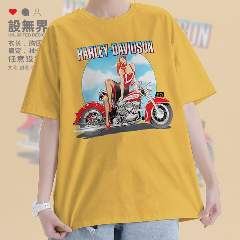 哈雷摩托车性感女郎短袖T恤男女欧美潮牌个性新款上衣0015设 无界