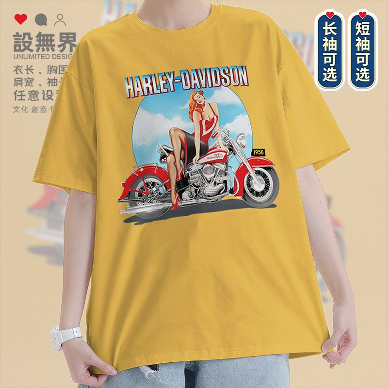 哈雷摩托车性感女郎短袖T恤男女欧美潮牌个性新款上衣0015设 无界