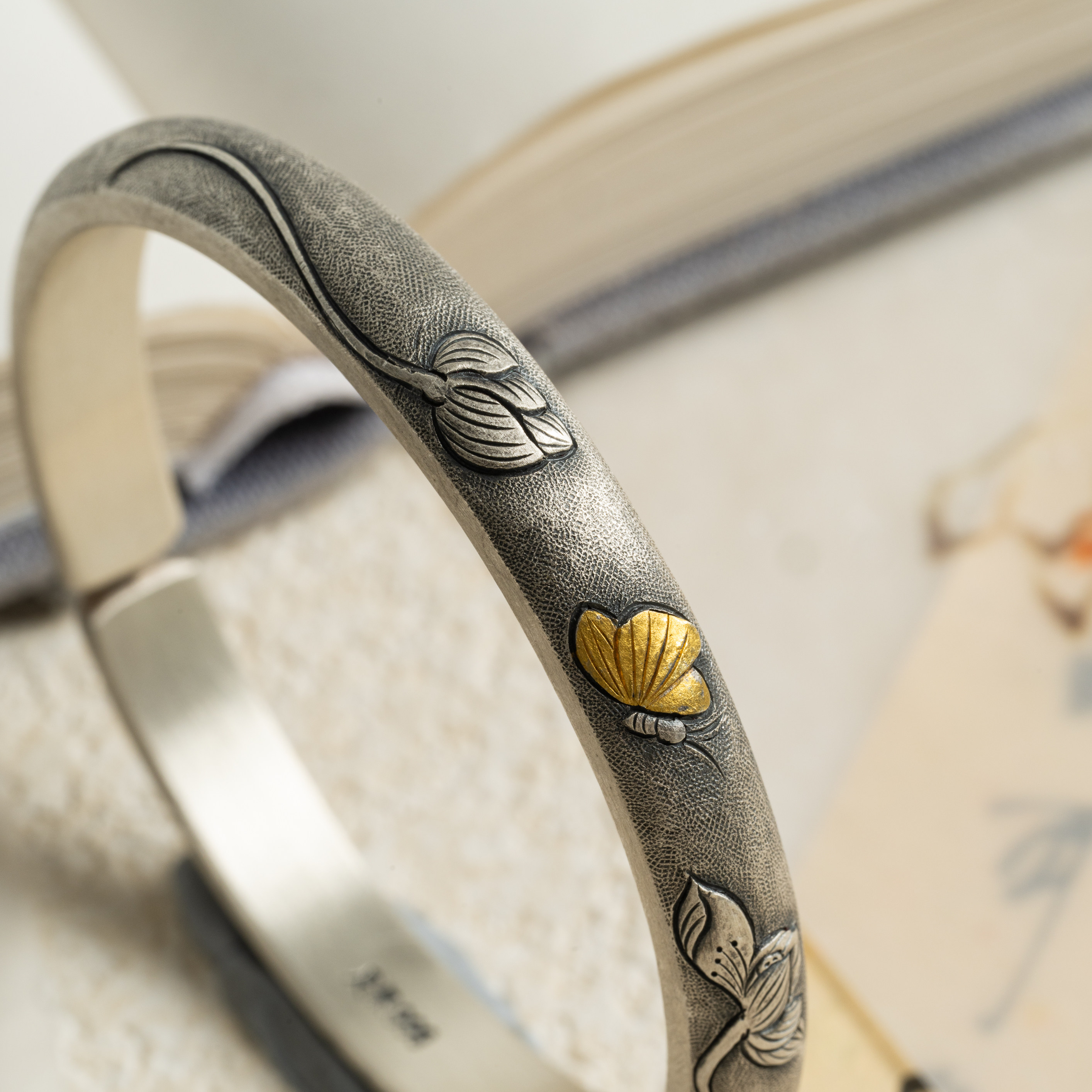 足银999纯手工錾刻金银错经典小清新国风手镯