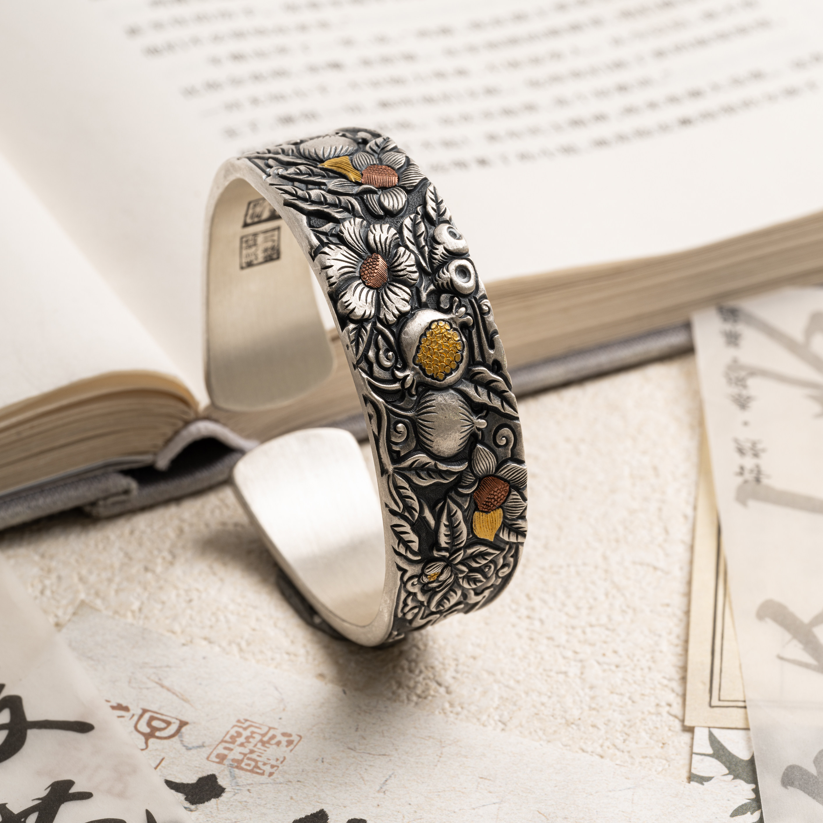 鸿福满盈#石榴花足银999金银错纯手工錾刻手镯