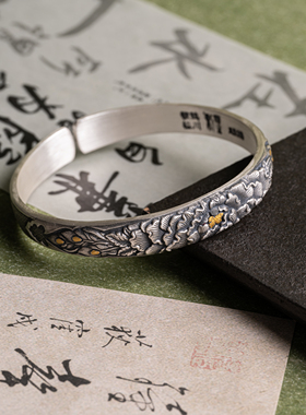 凤羽牡丹 ｜纯手工錾刻金银错工艺足银 约45克