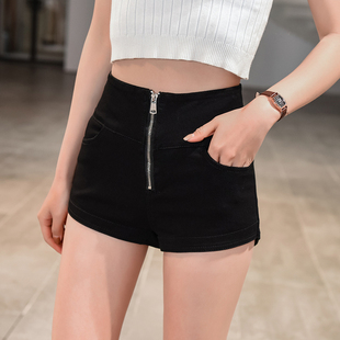 2021春夏新款拉链牛仔短裤女显瘦黑色高腰阔腿裤纯色休闲A字热裤