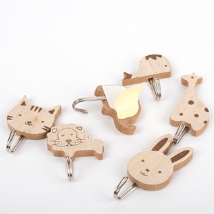 北欧木质粘钩卡通动物强力粘胶可爱装饰厨房墙壁浴室收纳挂钩挂饰