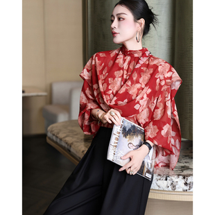 女通勤长袖 衬衫 红色直筒型碎花 轻奢雪纺印花飘带领泡泡长袖 法式