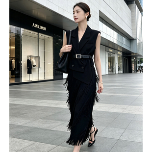 2026早秋新款时髦气质马甲西装领流苏半裙洋气套装两件套女装