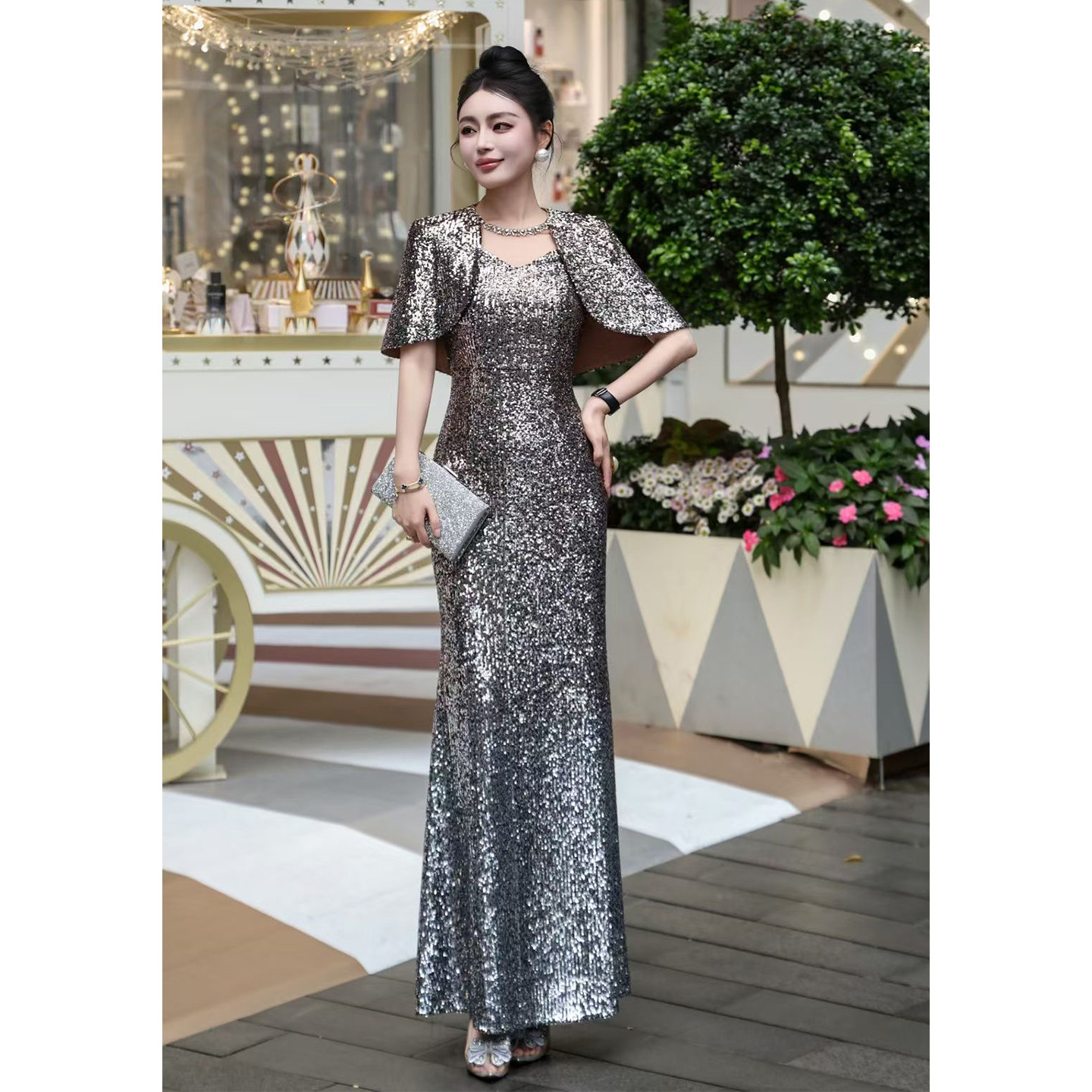 轻奢宴会晚礼服女亮片修身鱼尾长款连衣裙气质名媛银色晚装婚礼裙