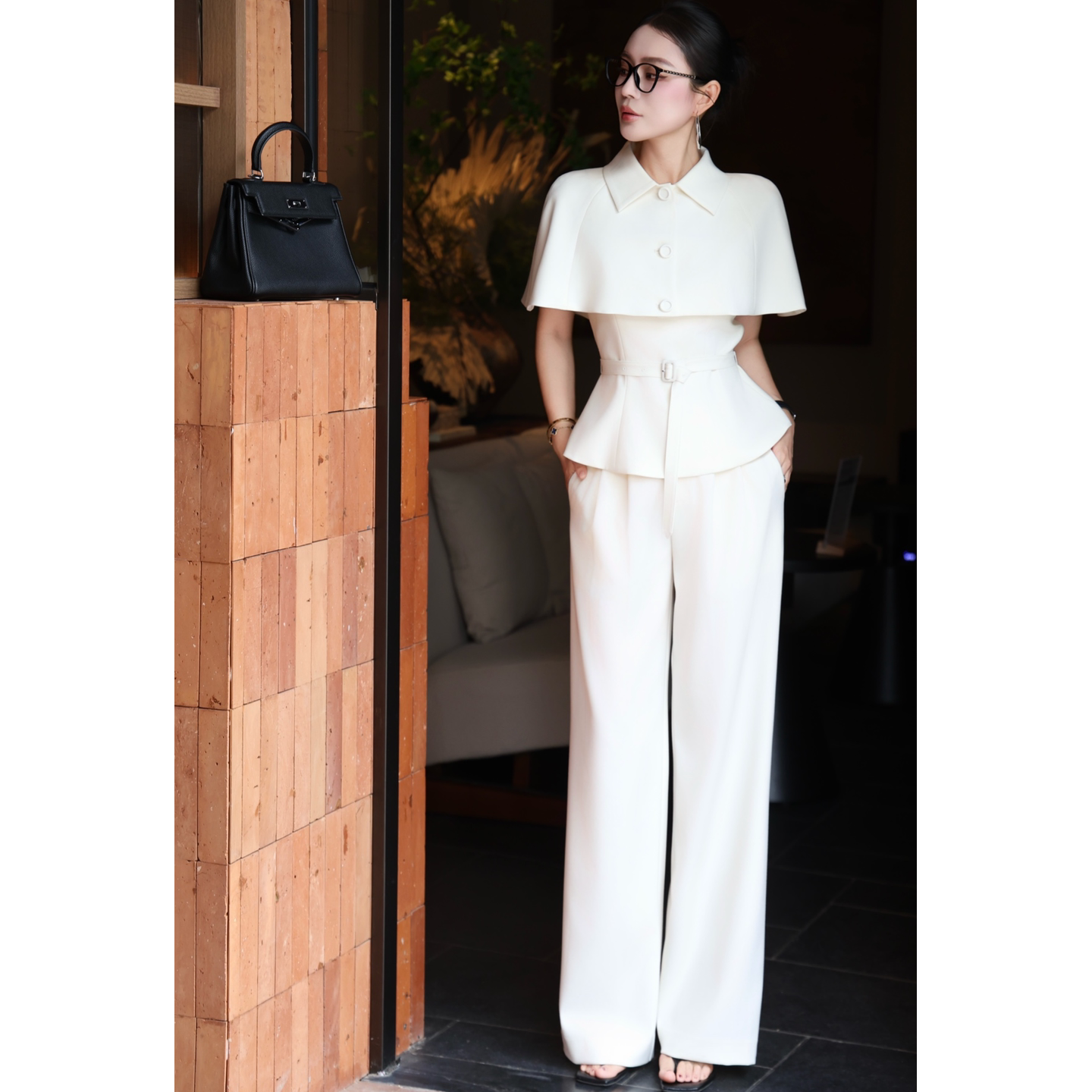 2026春夏新款法式复古斗篷吊带上衣阔腿裤三件套女洋气时尚套装女