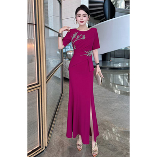 婚礼宴会礼服长裙亮片优雅修身气质年青态喜妈妈喜婆婆连衣裙