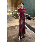 高定美妈礼服时尚 高级感亮片拼接缎面披肩优雅婚礼宴会礼服连衣裙