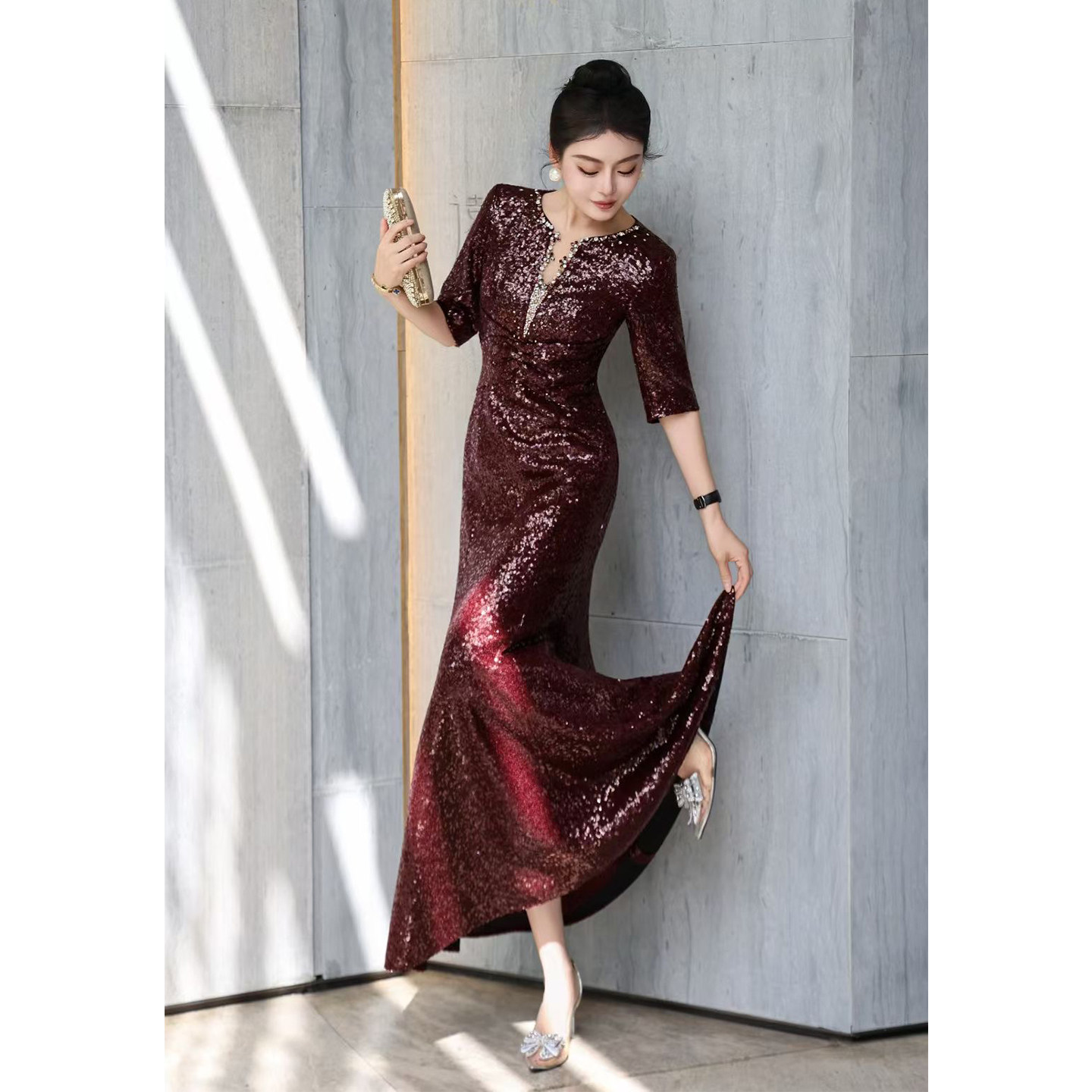 奢华订钻亮片晚礼服女五分袖修身包臀鱼尾长裙气质宴会晚宴连衣裙