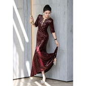 奢华订钻亮片晚礼服女五分袖 包臀鱼尾长裙气质宴会晚宴连衣裙 修身