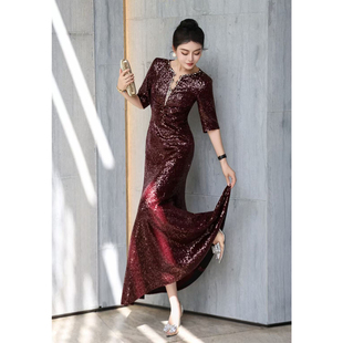 奢华订钻亮片晚礼服女五分袖修身包臀鱼尾长裙气质宴会晚宴连衣裙