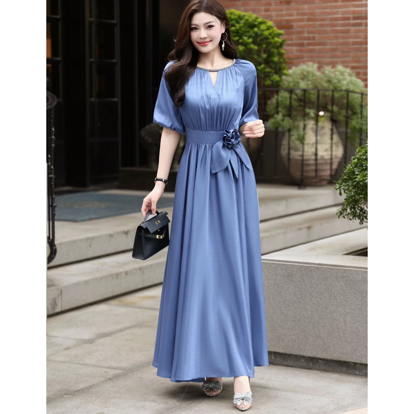 时尚优雅休闲收腰系带显瘦连衣裙女长款仙女裙度假风气质裙夏新款