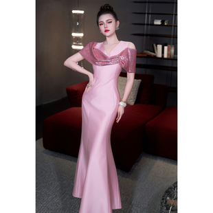 时尚晚宴风粉色V领亮片闪闪修身鱼尾长裙婚礼宴会礼服连衣裙春夏
