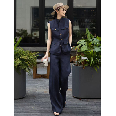 亚麻无袖马甲休闲裤套装