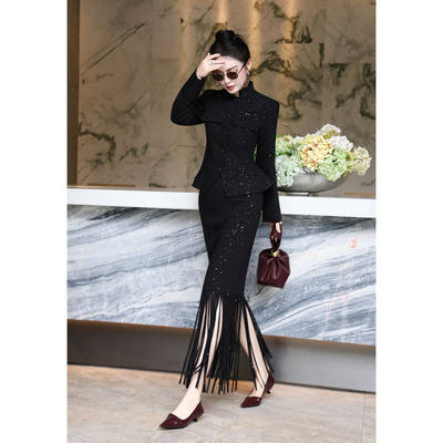 短外套包臀流苏摆半裙套装